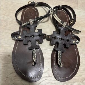 Tory Burch Dark Brown and Snakeskin Sandals